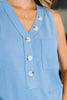 Buttoned Up Buttercup Sleeveless Top in Ocean Blue
