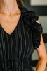 Pinstripe Romance V-Neck Ruffle Sleeve Dress in Black