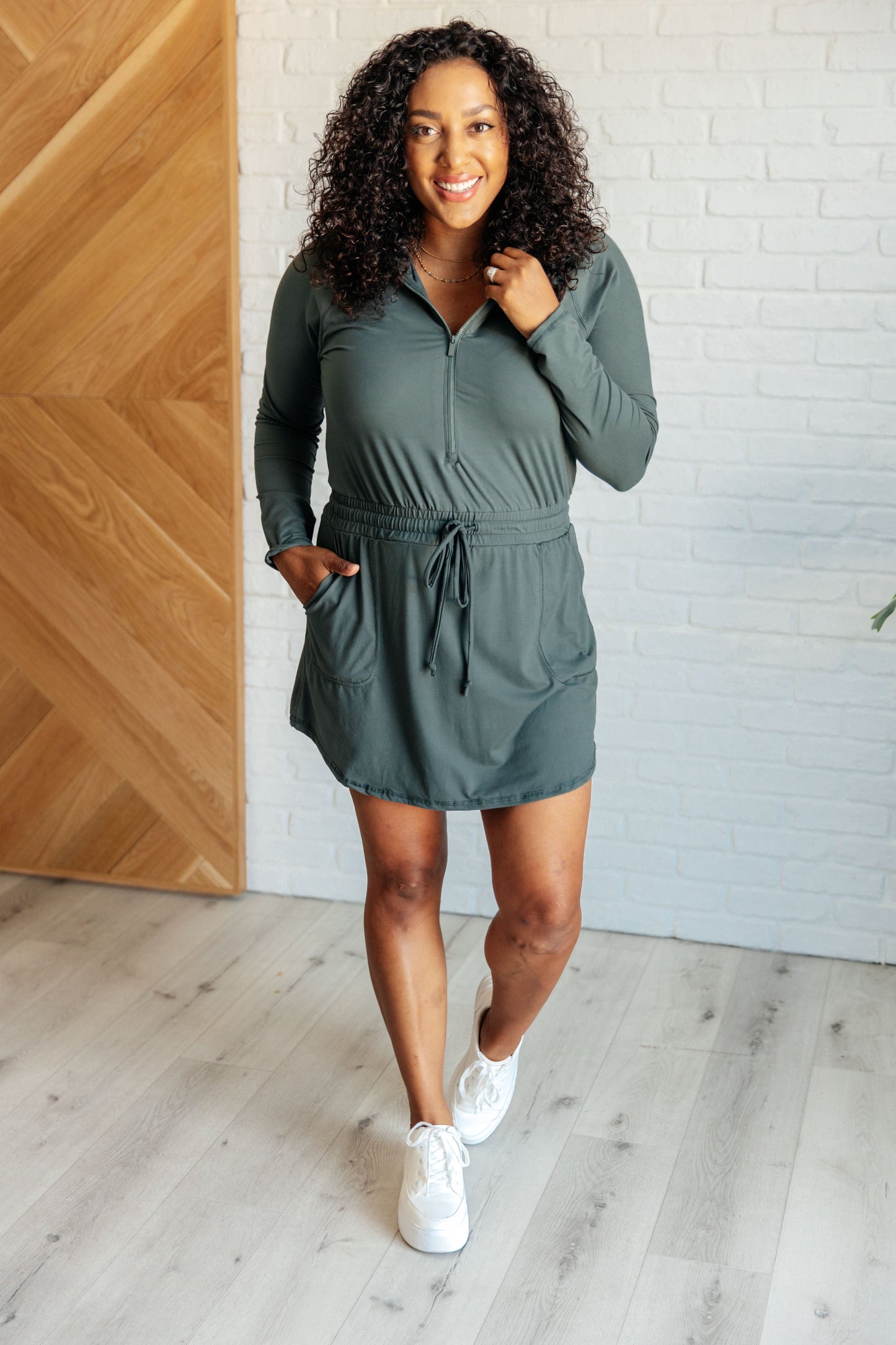 Getting Out Long Sleeve Hoodie Romper in Smoked Spruce