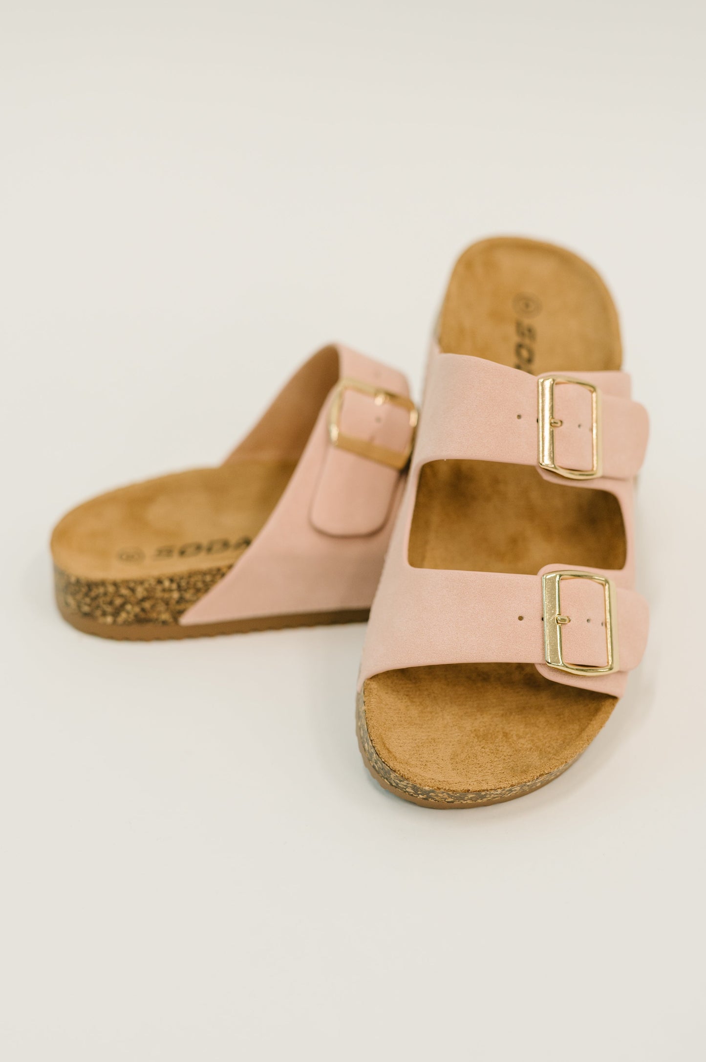 Jete Nubuck Double Buckle Slides in Blush