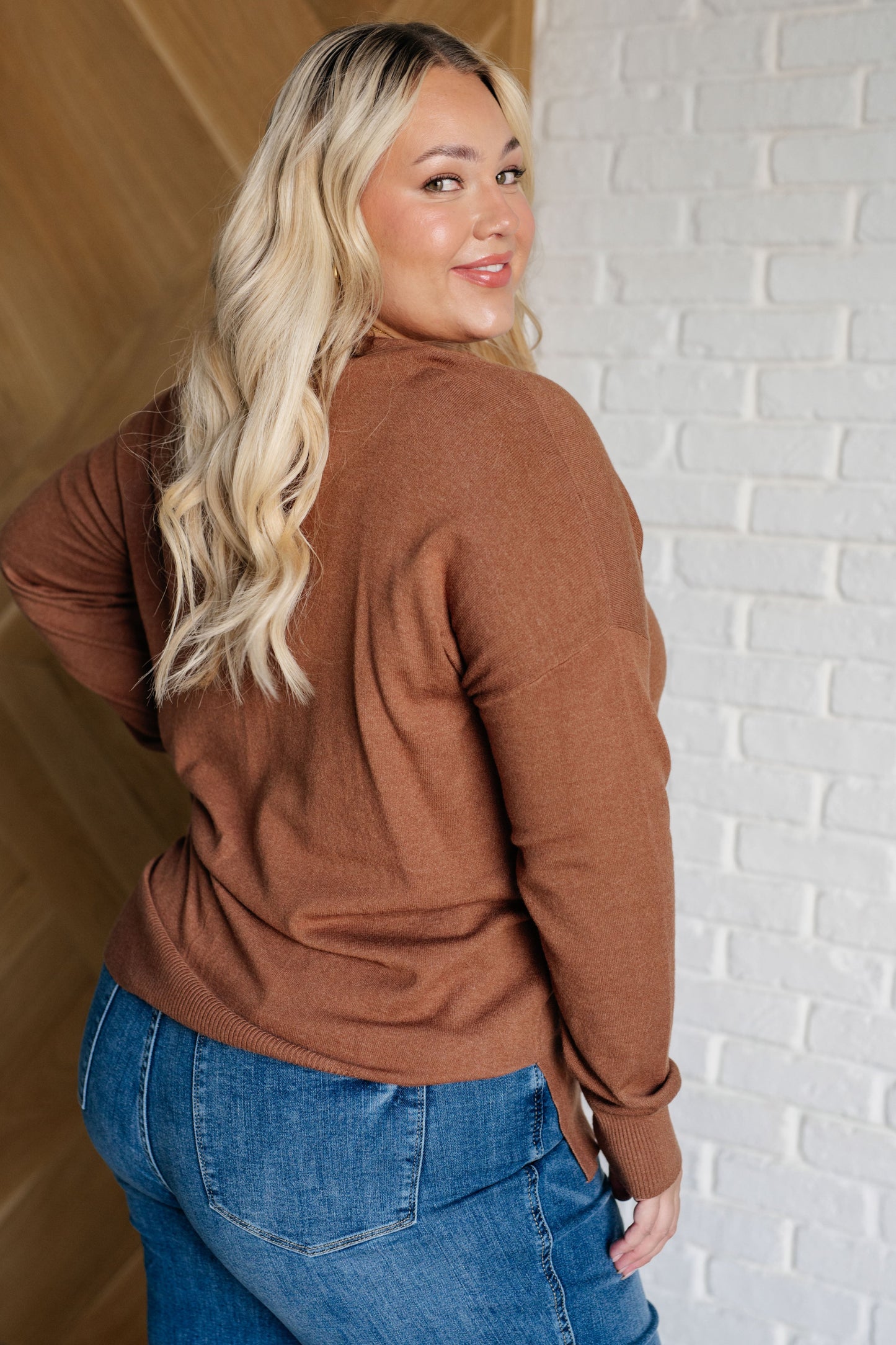 V-Neck Front Seam Sweater in Deep Camel