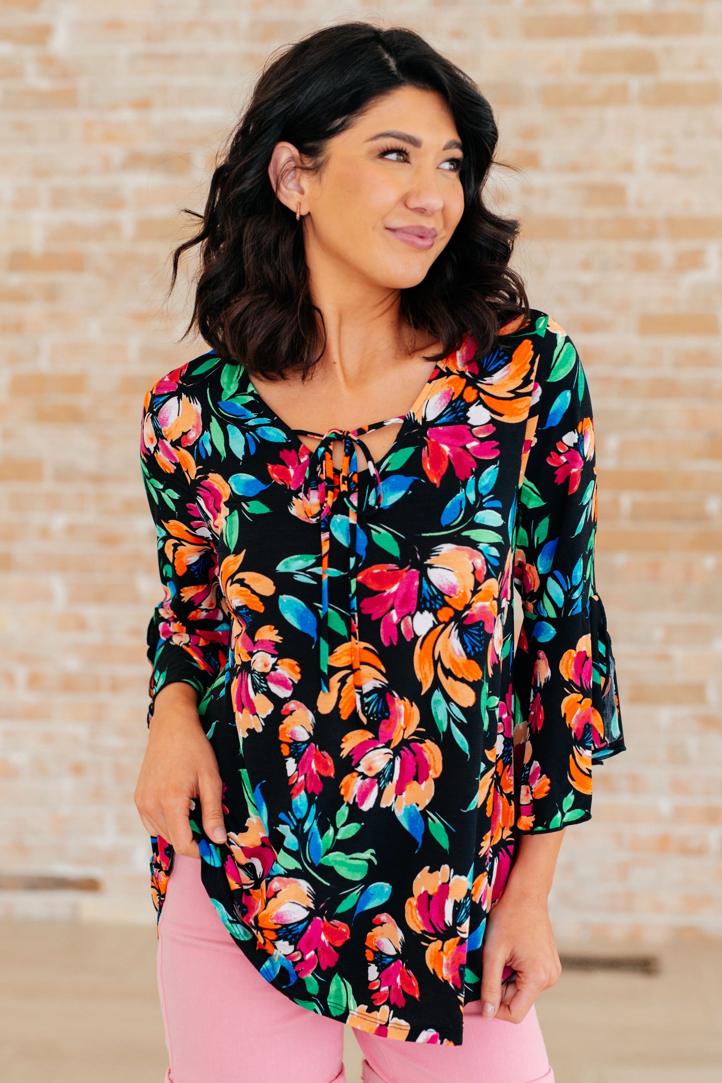 Willow Bell Sleeve Top in Black and Emerald Floral