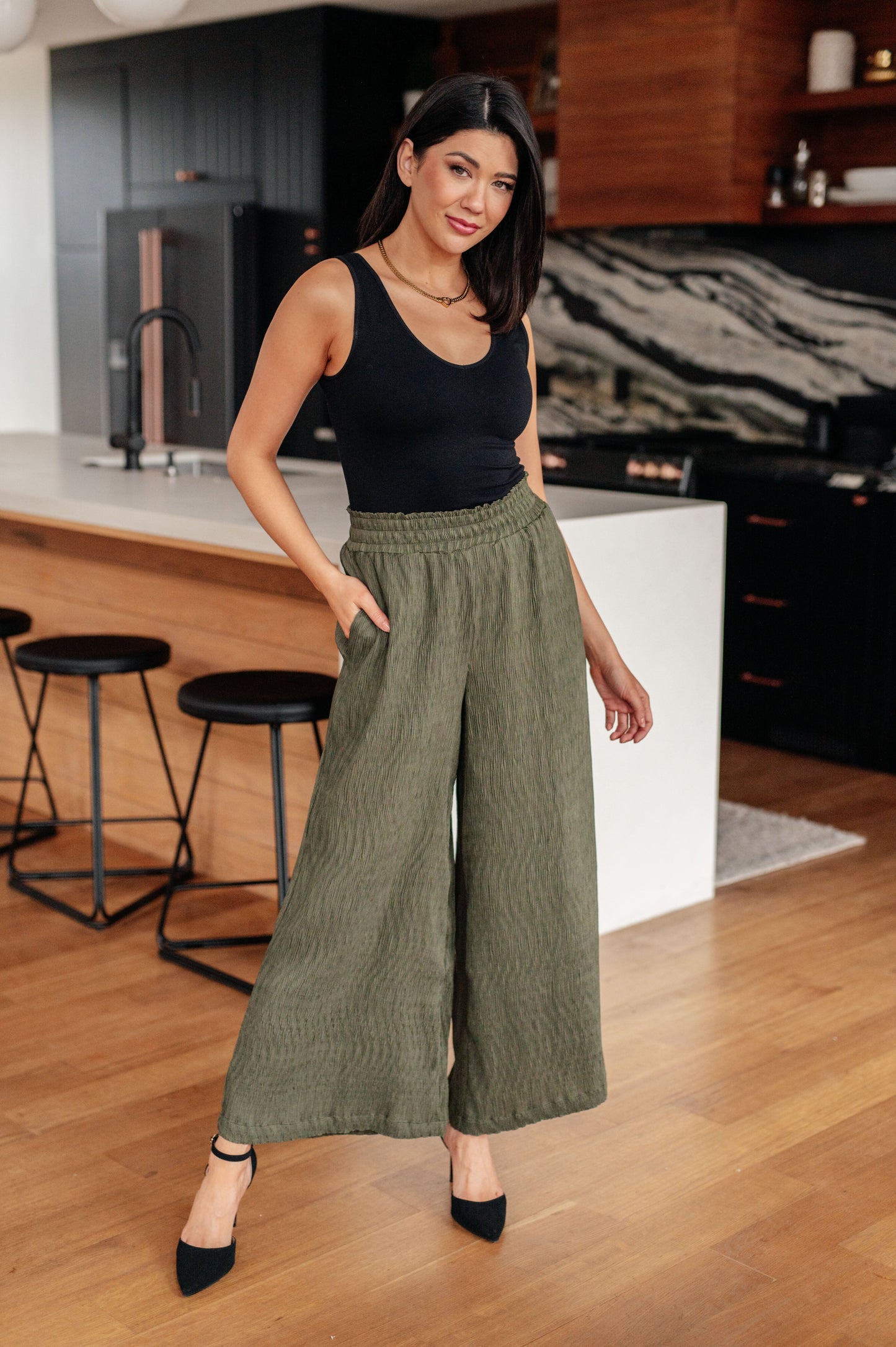 Harmony High Rise Wide Pants in Olive